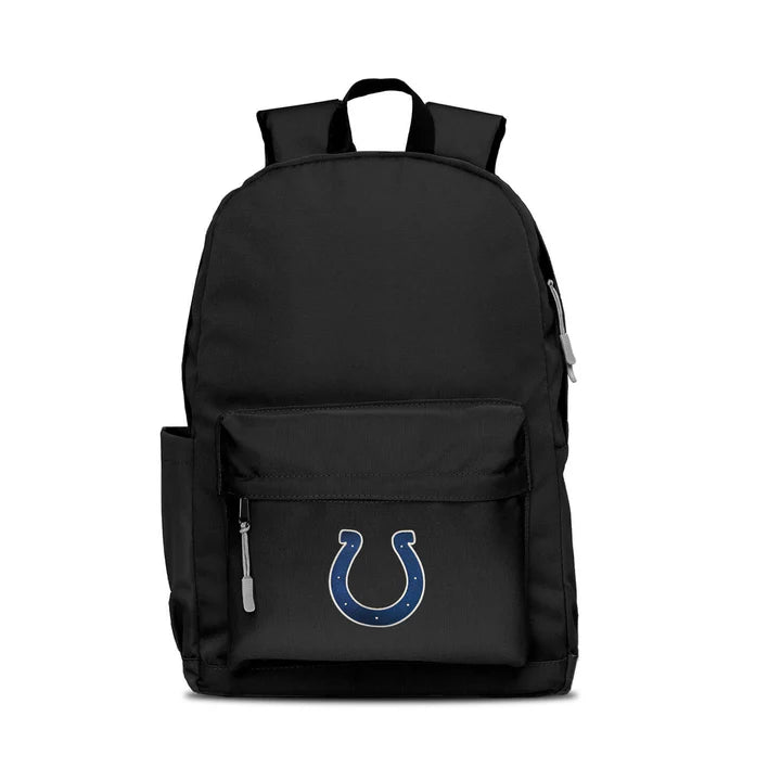 Indianapolis Colts campus laptop backpack: 17x12x6.5", large main compartment, water bottle pocket, embroidered logo, gray zipper pull.