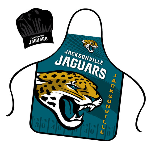 Jacksonville Jaguars apron and chef hat set with team graphics, polyester fabric, adjustable sizing, officially NFL licensed
