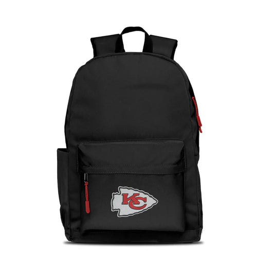 Kansas City Chiefs campus laptop backpack: 17x12x6.5", large main compartment, water bottle pocket, embroidered logo, red zipper pull.