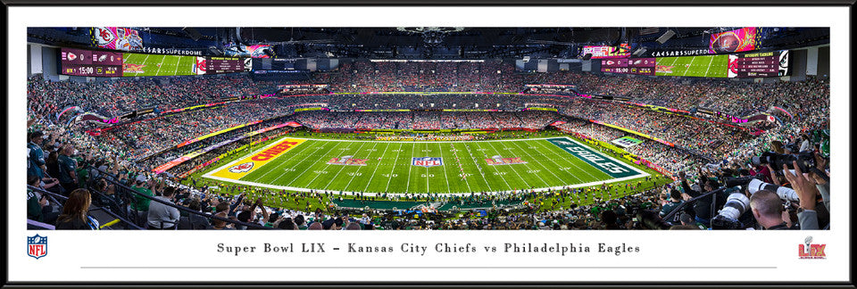 Panoramic photo of Super Bowl LIX kickoff, Chiefs vs Eagles at Caesars Superdome, framed wall art with free shipping.