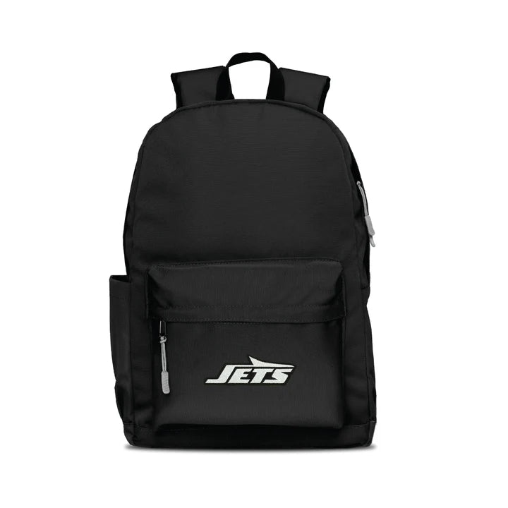 New York Jets campus laptop backpack: 17x12x6.5", large main compartment, water bottle pocket, embroidered logo, colored zipper pull.