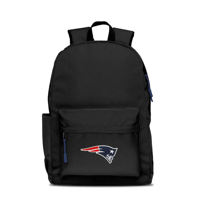 New England Patriots campus laptop backpack: 17x12x6.5", large main compartment, water bottle pocket, embroidered logo, blue zipper pull.