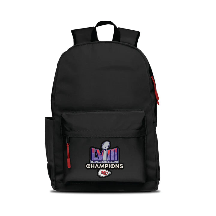 Kansas City Chiefs Super Bowl LVIII Champions campus laptop backpack: 17x12x6.5", large main compartment, water bottle pocket, embroidered logo, red zipper pull.