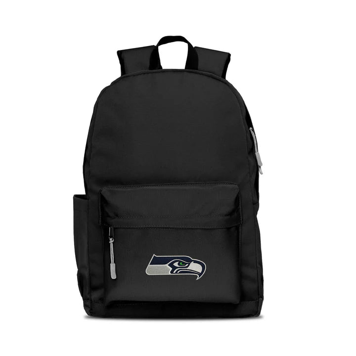 Seattle Seahawks campus laptop backpack: 17x12x6.5", large main compartment, water bottle pocket, embroidered logo, colored zipper pull.