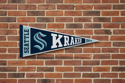 Seattle Kraken pennant flag on a brick wall