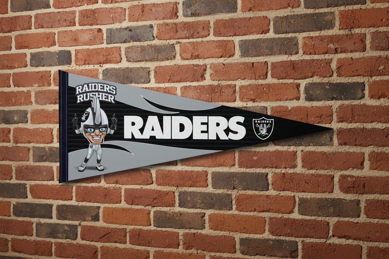 Las Vegas Raiders mascot 12x30-inch  NFL felt pennant on brick wall