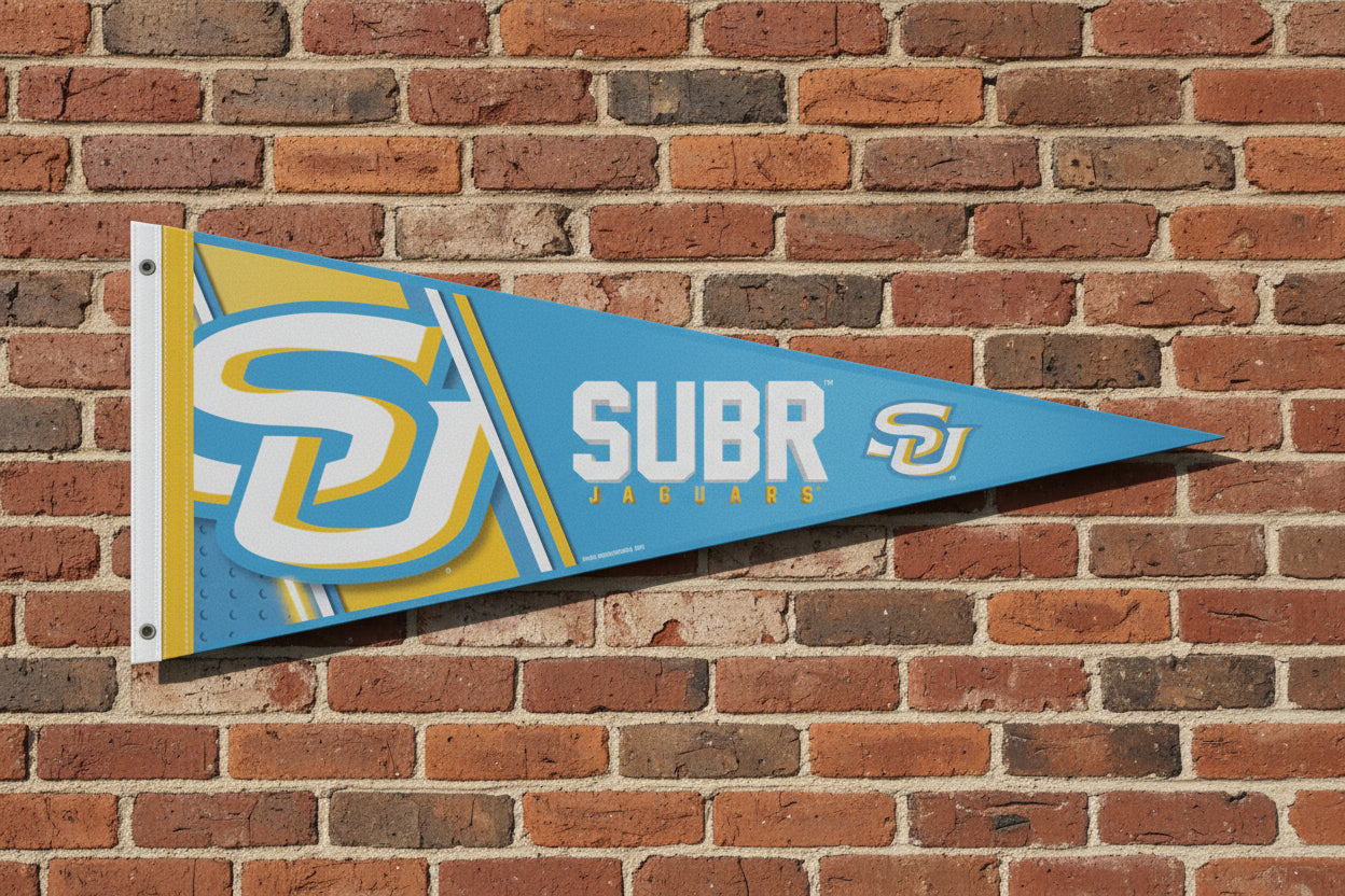 Southern Jaguars 12x30 soft felt NCAA pennant on brick wall