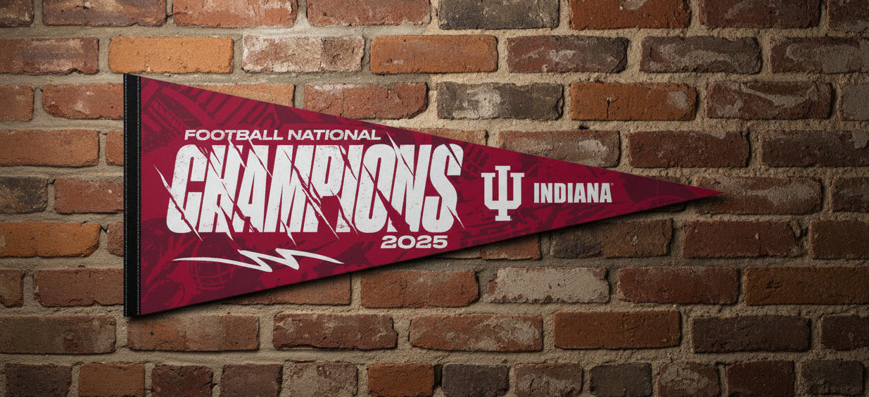 Indiana Hoosiers 2026 football national champions pennant on brick wall