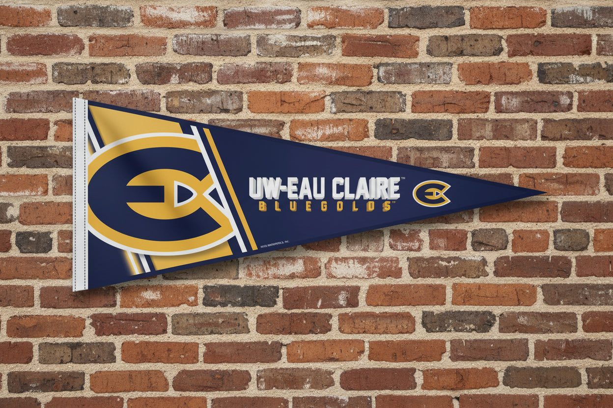 Wisconsin-Eau Claire Blugolds NCAA 12x30 felt pennant on brick wall