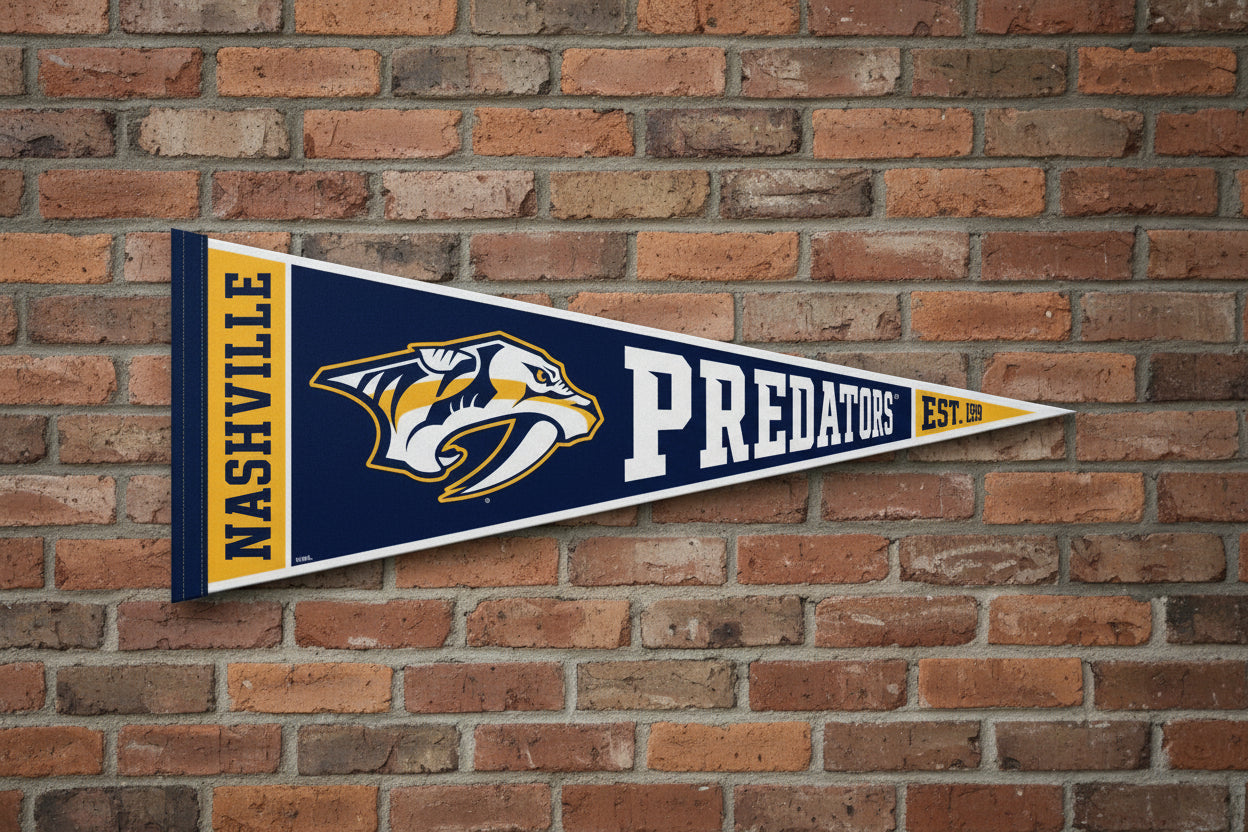 Nashville Predators pennant with logo and text on a brick wall