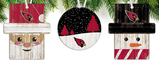 "Arizona Cardinals NFL 3-pack ornament set, including Santa, snowman, and snow scene, with distressed MDF design."