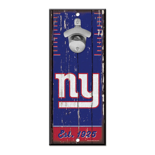 New York Giants 5x11 wood bottle opener sign with team graphics and metal opener by Wincraft