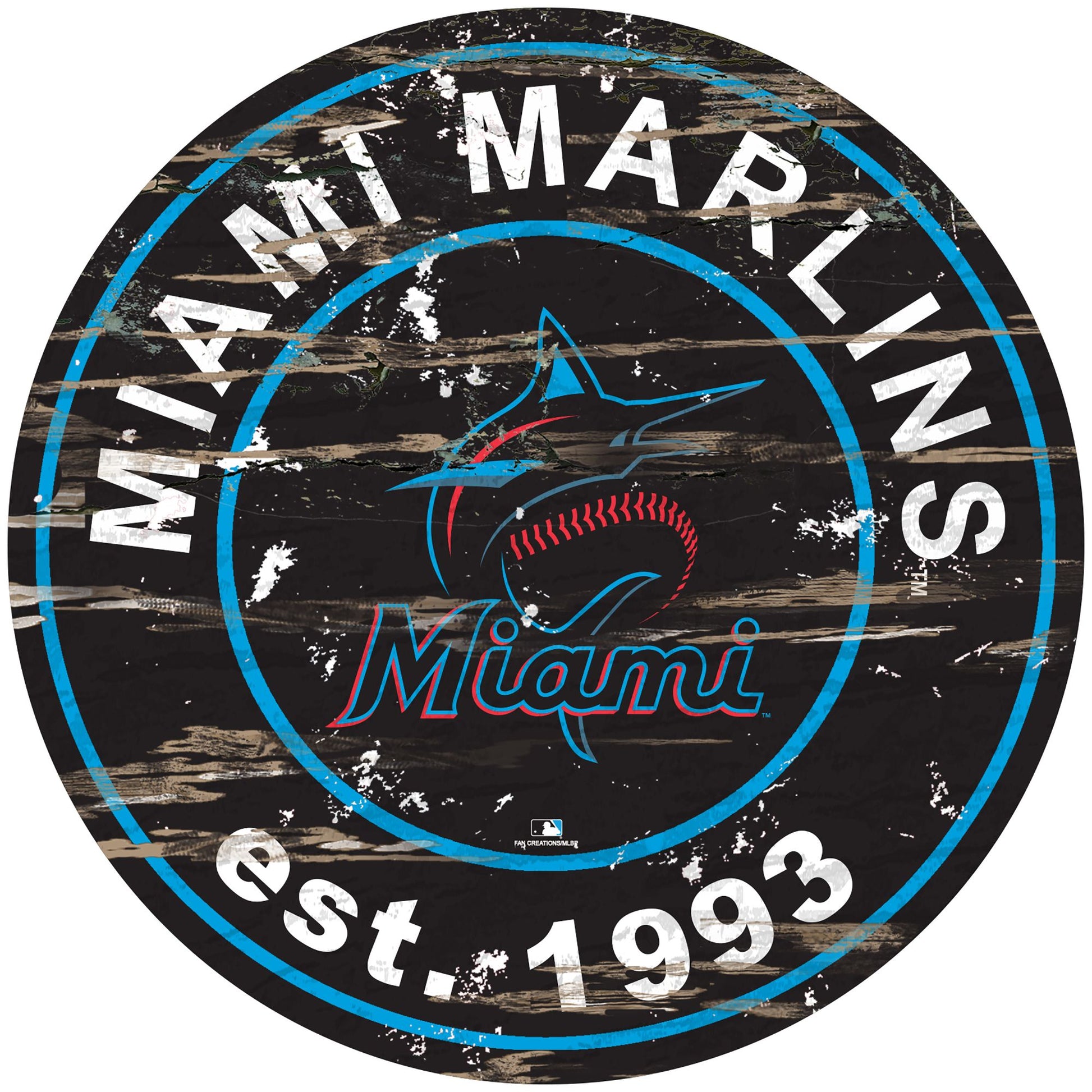 Miami Marlins distressed round sign, 24" diameter. Features team graphics & established date. Indoor use only. Officially licensed