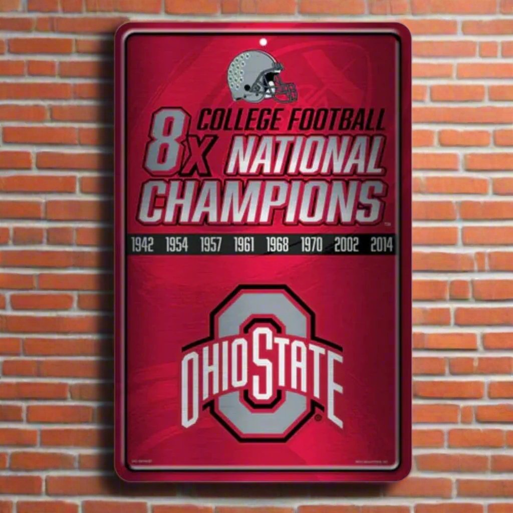 Ohio State Buckeyes NCAA 11"x17" metal wall sign featuring team name and established date. Officially licensed décor.