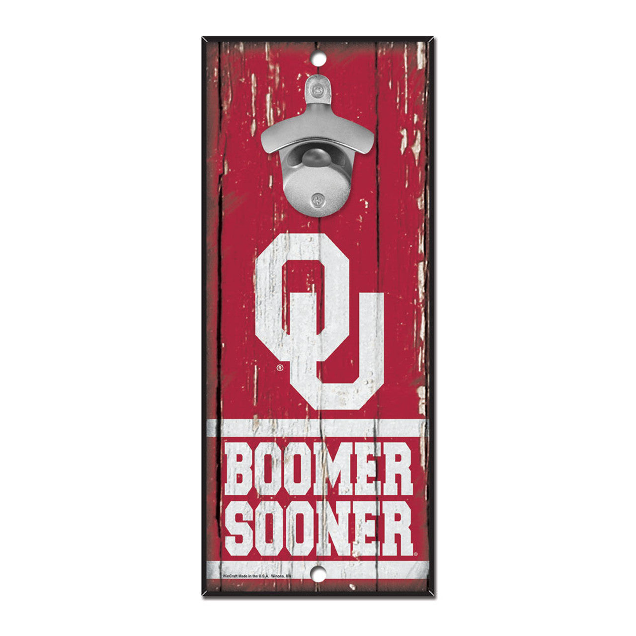 Oklahoma Sooners wood bottle opener sign with team graphics and cast metal opener by Wincraft