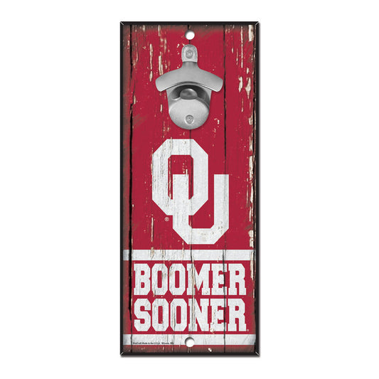 Oklahoma Sooners wood bottle opener sign with team graphics and cast metal opener by Wincraft