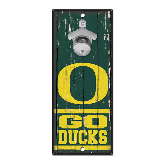 Oregon Ducks wood bottle opener sign with bold team graphics and metal opener by Wincraft