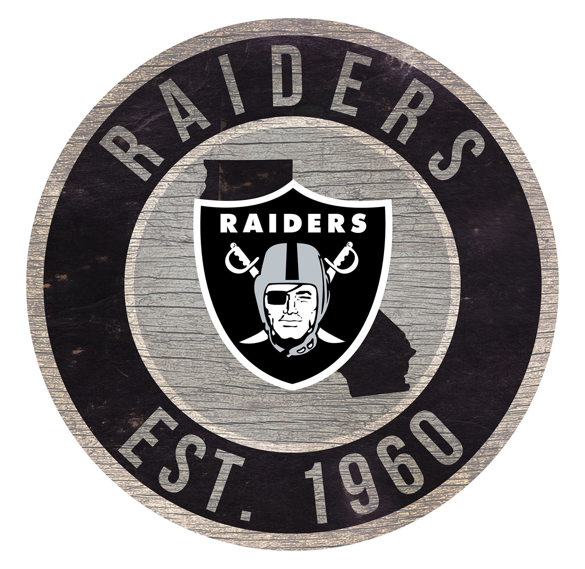 Las Vegas Raiders distressed sign featuring team colors, graphics, and state outline in the background. Made in the USA.