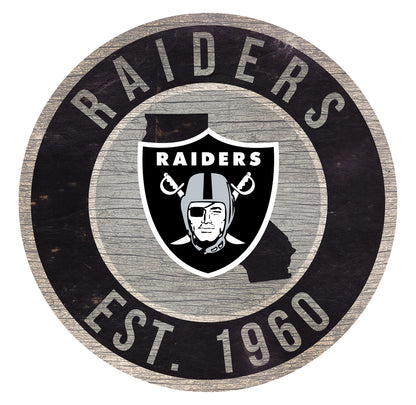 Las Vegas Raiders distressed sign featuring team colors, graphics, and state outline in the background. Made in the USA.