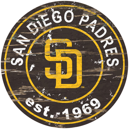 San Diego Padres distressed round sign, 24" diameter. Features team graphics & established date. Indoor use only. Officially licensed.