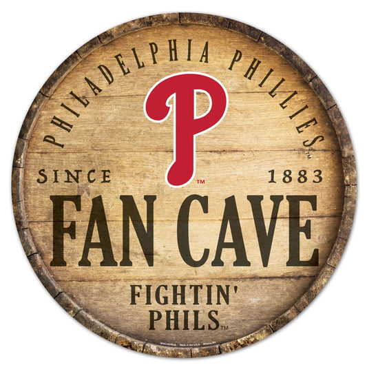 Philadelphia Phillies MLB Round Barrel Top Wood Sign, approx. 14" diameter, features team graphics on hardboard wood, officially licensed by MLB, made by Wincraft.