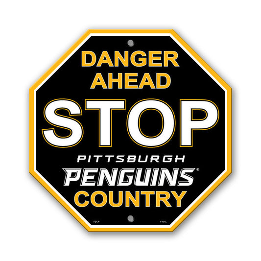 Pittsburgh Penguins 12x12 Stop Sign by Fremont Die, durable plastic, team colors & graphics. Officially licensed NHL décor.