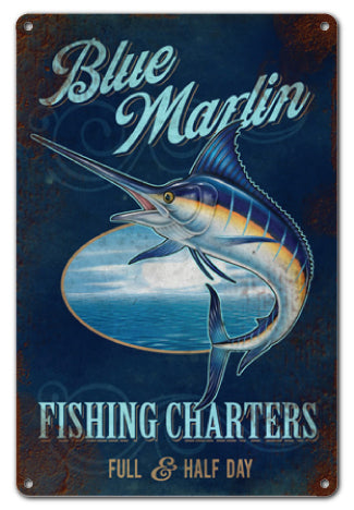 Blue Marlins Fishing Charters 12" x 18" Distressed Metal Sign by Reedyville Goods