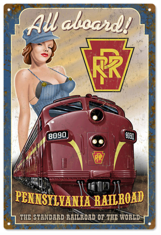RPR Pennsylvania Railroad All Aboard Pin Up Girl 12" x 18" Metal Railroad Sign - RG11VS