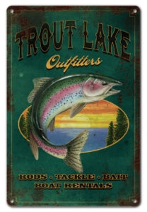 Trout Lake Outfitters 12" x 18"  Distressed Metal Fishing Sign- RG12F