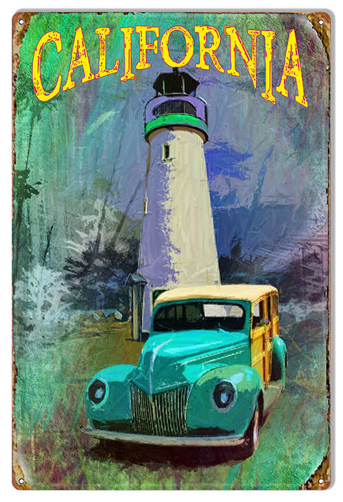 California Light House Old Woody 12" x 18" Metal Sign By Artist Phil Hamilton - RG7681