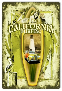 California Surfing Pin Up Girl 12" x 18" Metal Sign By Artist Phil Hamilton - RG7683