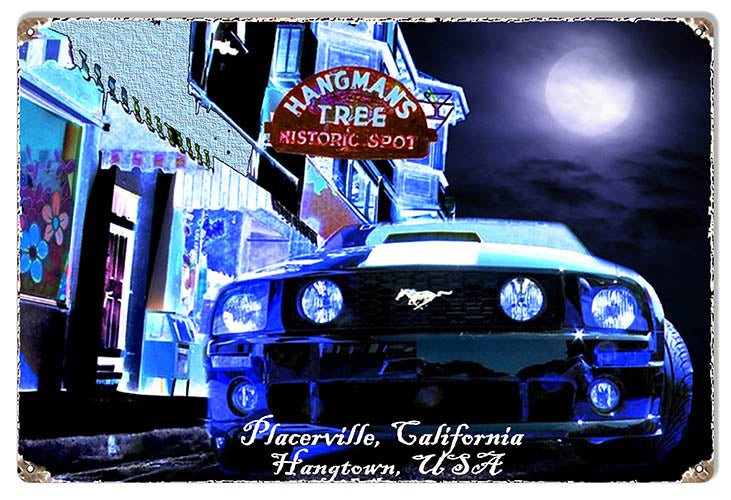 Historic Placerville Mustang metal sign, 12x18 inches, durable aluminum, perfect for garages and collectors.