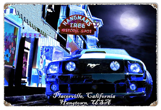 Historic Placerville Mustang metal sign, 12x18 inches, durable aluminum, perfect for garages and collectors.