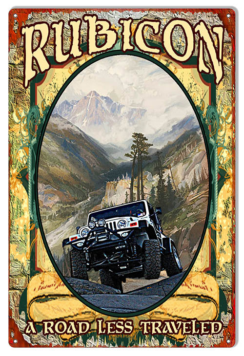 Jeep Rubicon Road Less Traveled metal sign, 12x18 inches, durable aluminum, perfect for garages and Jeep fans.