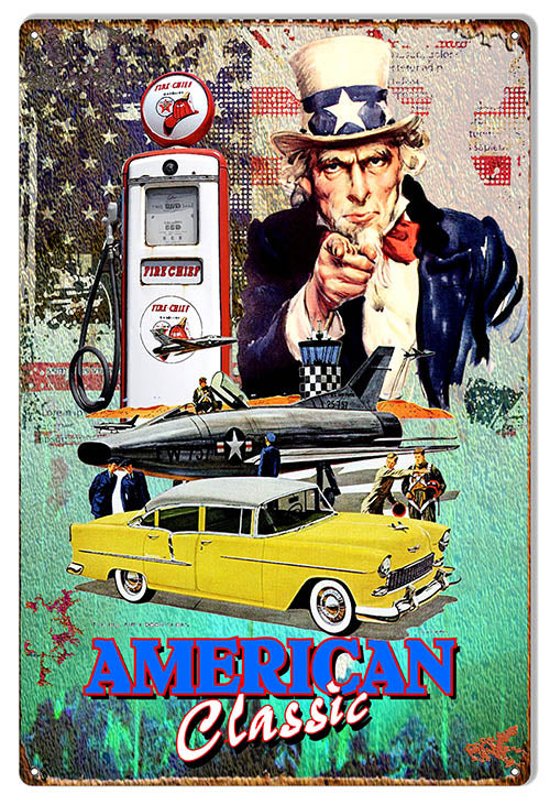 Fire Chief American Classic metal sign, 12x18 inches, distressed design, made in USA, perfect for garages.