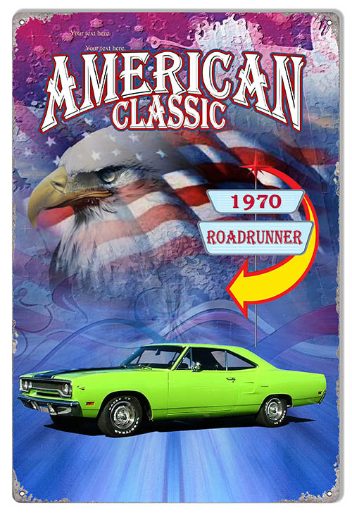 1970 Roadrunner Classic Metal Sign by Phil Hamilton, 12"x18", made in USA, .040 gauge aluminum, predrilled for easy hanging.