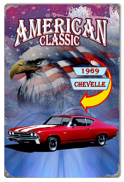 1969 Chevelle Classic Metal Sign by Phil Hamilton, 12"x18", made in USA, .040 gauge aluminum, predrilled for easy hanging.