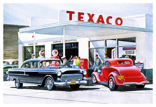 Texaco Gas Station Buick Car Metal Sign, 12x18, USA-made by Jack Schmitt. High-quality 0.40 gauge aluminum, predrilled holes for easy hanging.