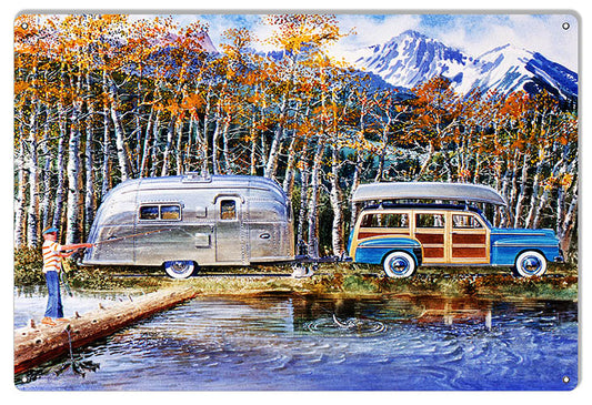 Woody And Airstream Reproduction Garage Shop 12" x 18" Metal Sign By Jack Schmitt - RG9893
