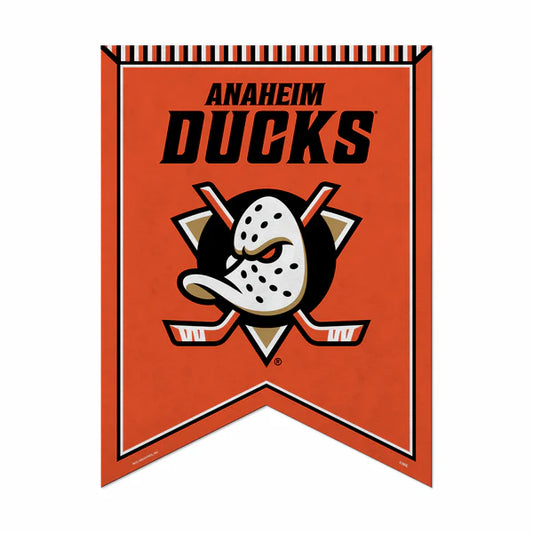 Anaheim Ducks 18x24 felt rafter pennant. Officially licensed NHL team banner in black, gold, and orange.