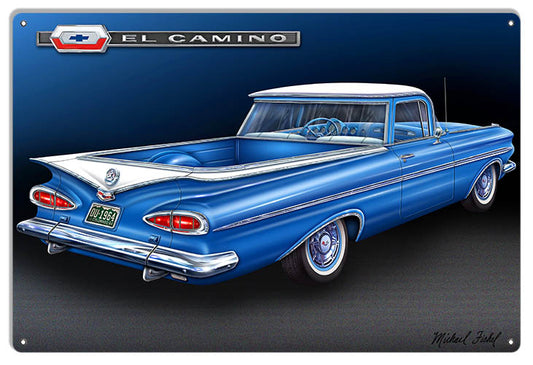 1959 Blue El Camino 12" x 18" Metal Sign By Artist Michael Fishel - RVG2614