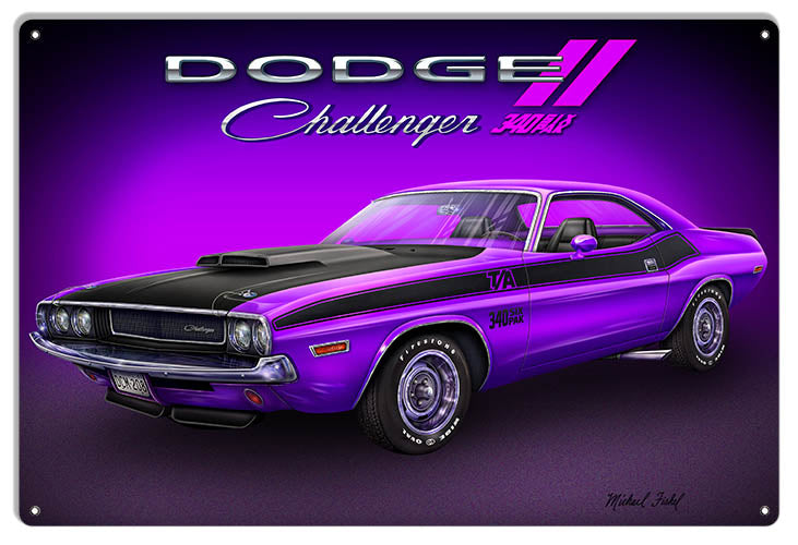 1970 Purple Dodge Challenger Metal Sign, 12" x 18", predrilled holes, durable 0.40 gauge aluminum, USA made.