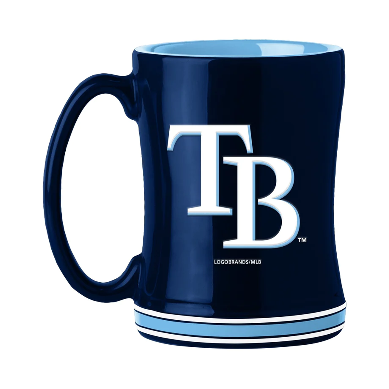 Tampa Bay Rays MLB coffee mug, 14 oz, ceramic, featuring team colors, 3D logo, and team name on handle. Microwave safe.