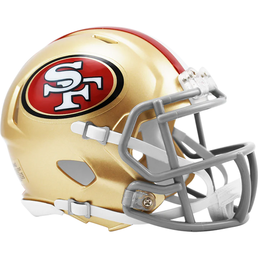 San Francisco 49ers Riddell NFL Speed Mini Helmet with chinstrap, metal faceguard, padding, and official decals.