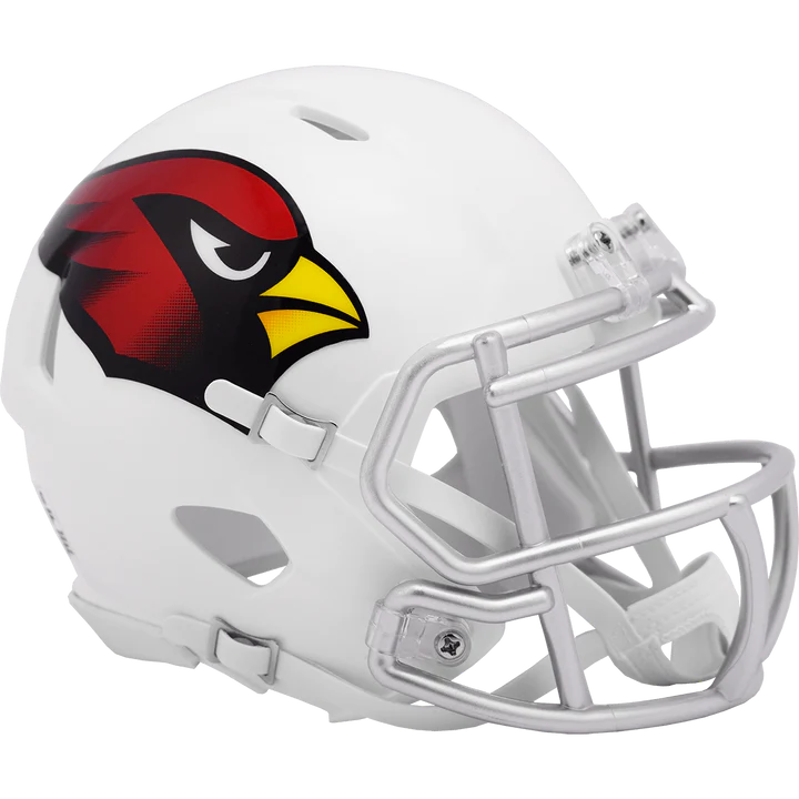 Arizona Cardinals Riddell Speed Mini Helmet with metal faceguard, chinstrap, and official NFL decals.