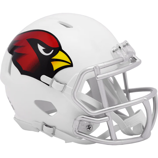 Arizona Cardinals Riddell Speed Mini Helmet with metal faceguard, chinstrap, and official NFL decals.