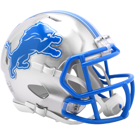 Detroit Lions 2024 Riddell Replica Mini Speed Helmet with padding, chinstrap, and metal faceguard.