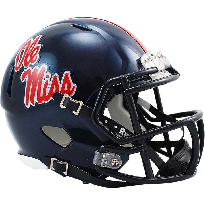 Ole Miss Rebels NCAA Mini Speed Helmet by Riddell, half scale replica with chinstrap and metal faceguard