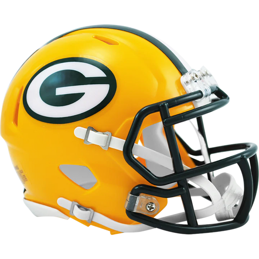 Green Bay Packers NFL Speed Mini Helmet by Riddell with metal faceguard and chinstrap, perfect for autographs