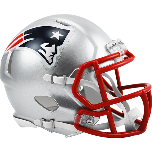 New England Patriots Riddell Speed Mini Helmet with chinstrap and padding, ideal collectible for autographs.